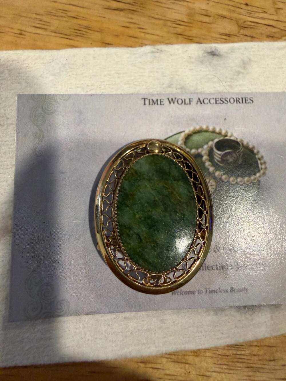 Sarah Coventry 12K Gold Filled Green Jade Filigree Brooch
